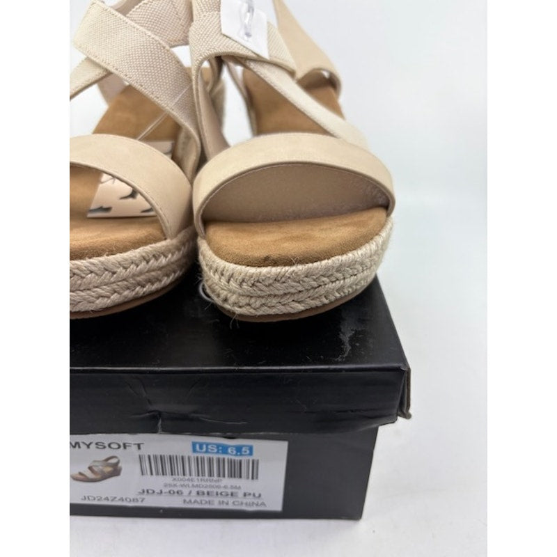 mysoft Platform Espadrille Wedge Sandals Elastic Strap Beige PU Womens 6.5
