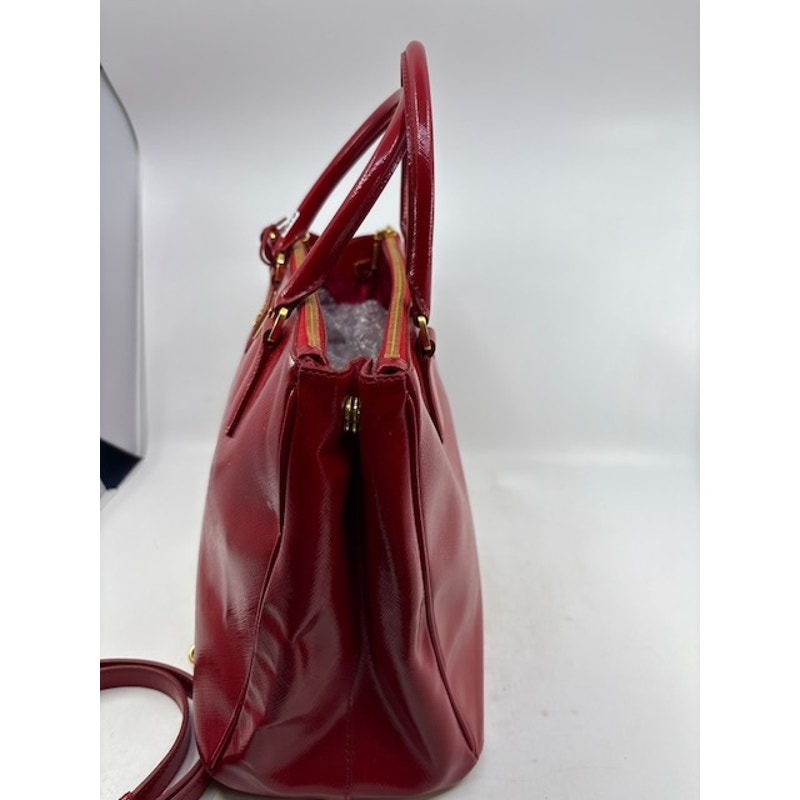 Prada Saffiano Lux Galleria Double Zip Tote Gold Tone Top Handle Burgundy