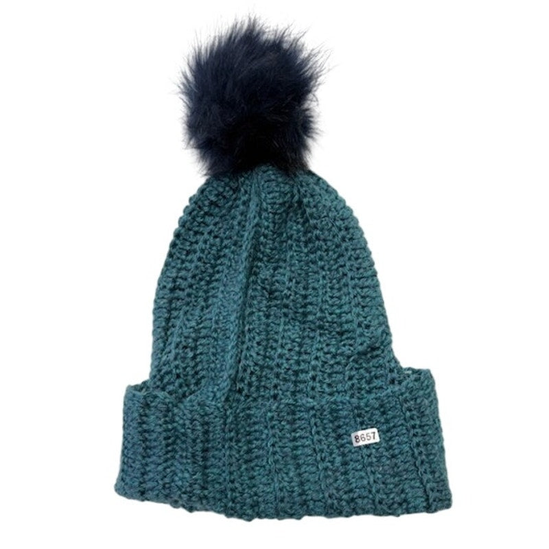 Knit Beanie Hat Faux Fur Pom Pom Chunky Winter Cap Women Teal One Size