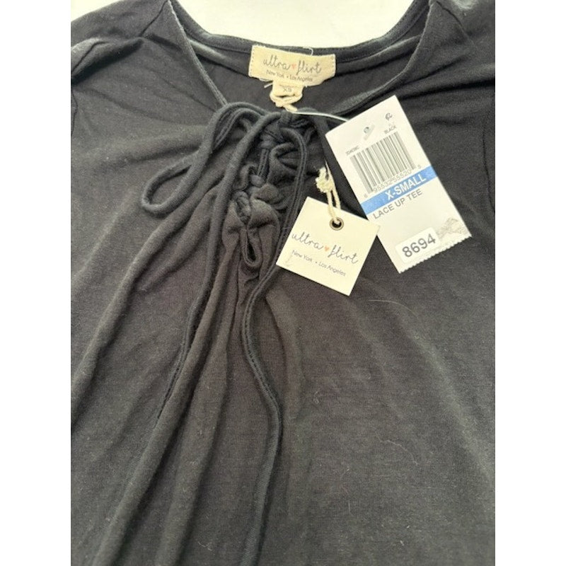 Ultra Flirt Lace Up Tunic Top Short Sleeve Hi-Low Hem Black Womens Size XS