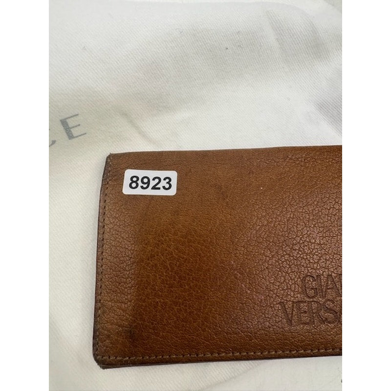 Gianni Versace Leather Card Holder Wallet Slim Bifold Embossed Logo Brown Unisex