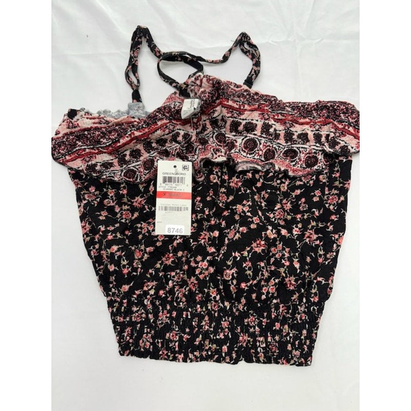 American Rag Cie Floral Cropped Top Smocked Halter Black/Multi Womens XS