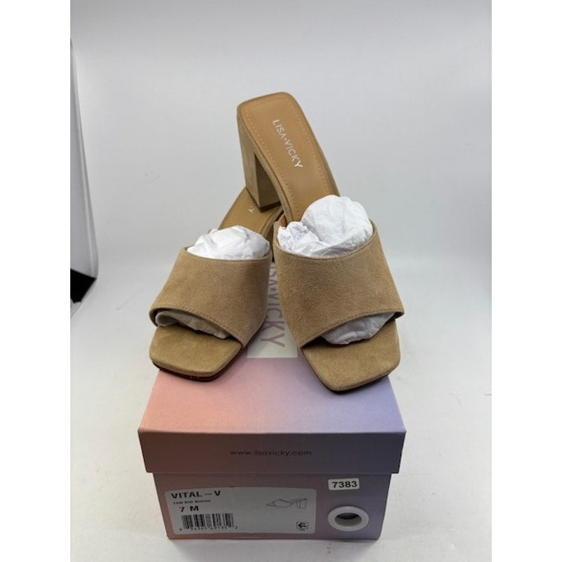 Lisa Vicky Vital V Suede Slide Sandal Block Heels Slip-On Tan Womens Size 7