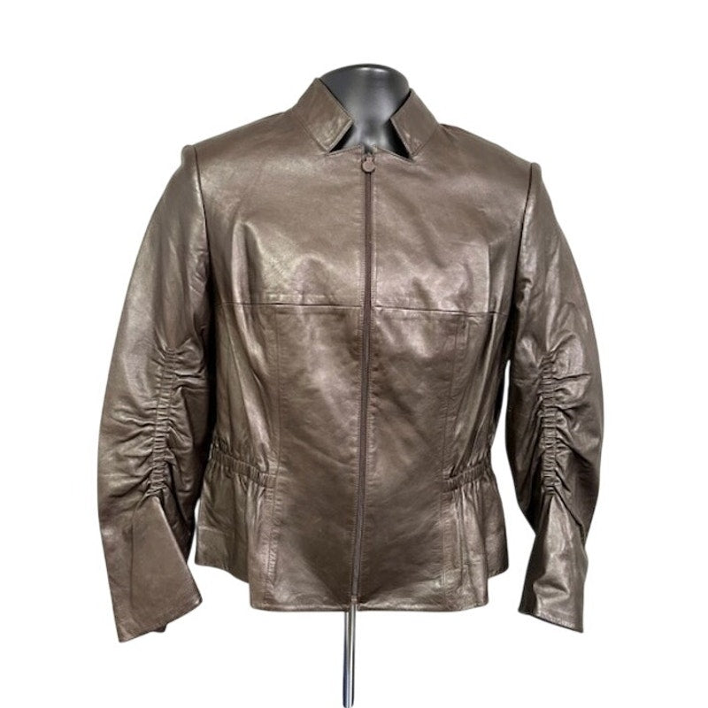 Carlisle Leather Moto Jacket Elastic Waist Sleeve Zip-Up Brown Womens Size 10