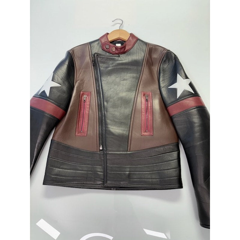 GIVENCHY Star Patch Leather Moto Biker Captain America Jacket Black Mens 48