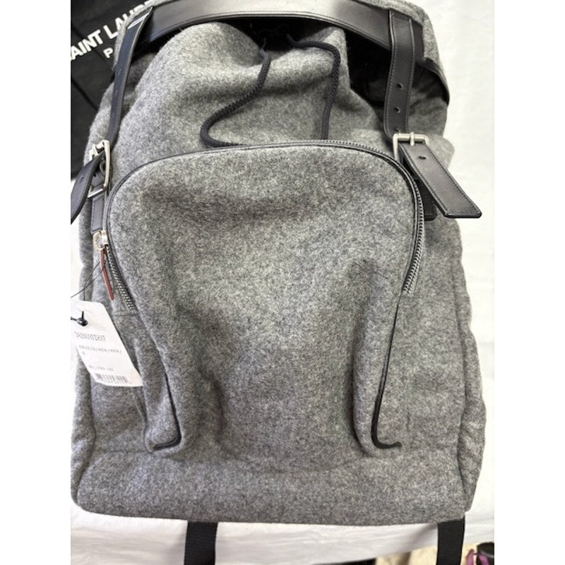 Saint Laurent Paris Leather Trim Wool Backpack Rucksack Drawstring Bag Grey