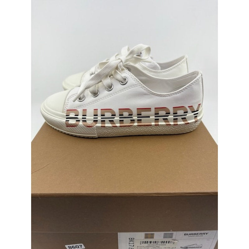 Burberry Icon Stripe Logo Print Cotton Gabardine Sneakers White Kids 12.5