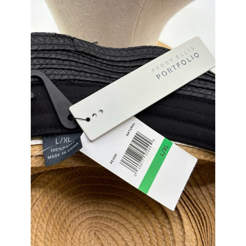 Perry Ellis Portfolio Straw Bucket Hat Summer Sun Cap Tan Black Stripe L/XL