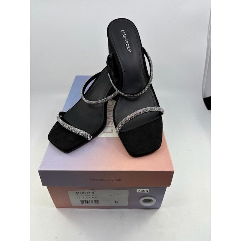 Lisa Vicky Mood Pavé Block Heel Slide Sandals Crystal Strap Black Womens 8.5