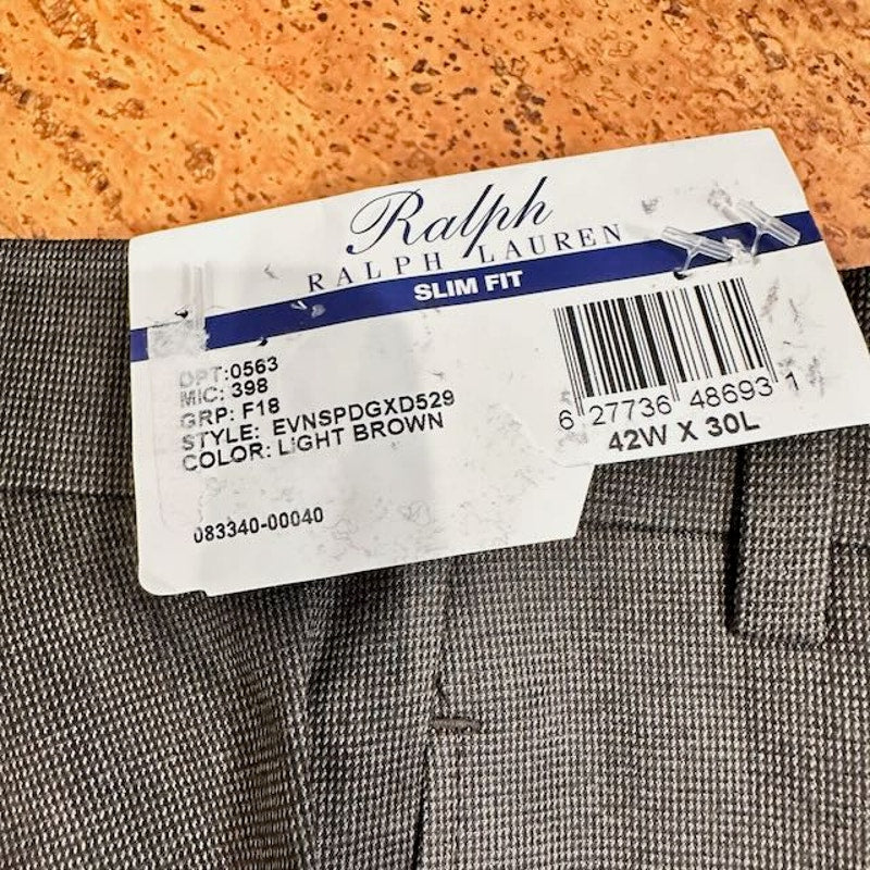 Ralph Lauren Comfort Flex Slim Fit Pants Flat Front Light Brown Mens 42WX30L