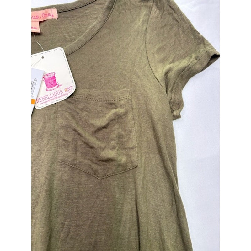 Rebellious. One SS Shark Bite Hem Tunic Blouse Scoop Neck Olive Green Size S