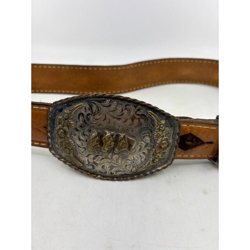 Vintage Western Leather Belt Tooled Buckle Cowboy Rodeo Unisex Brown Size 40