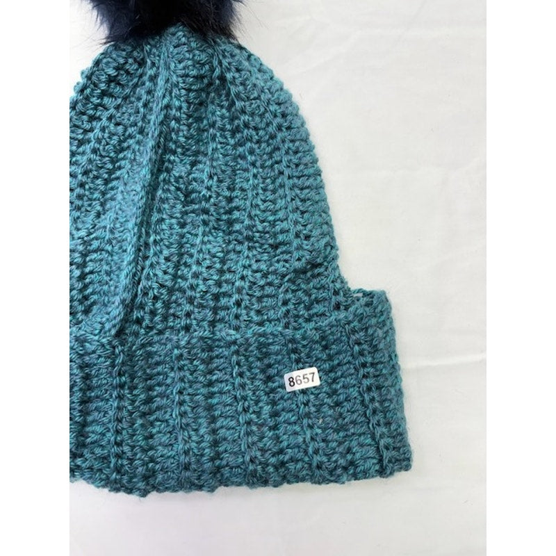 Knit Beanie Hat Faux Fur Pom Pom Chunky Winter Cap Women Teal One Size