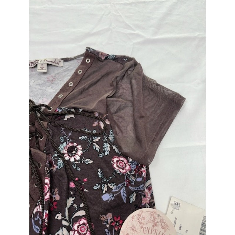 Gypsies & Moondust Floral Lace Up Blouse Short Sleeve Purple Womens Size XS
