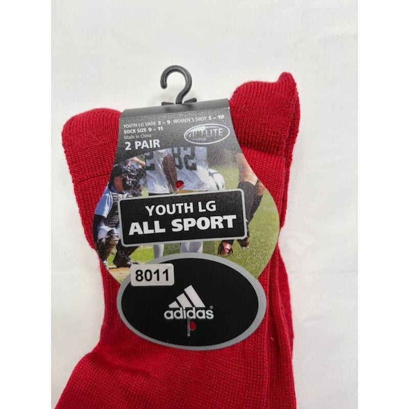 2 Pairs Adidas All Sport Socks Over The Calf Red/White Youth LG Size 3-9