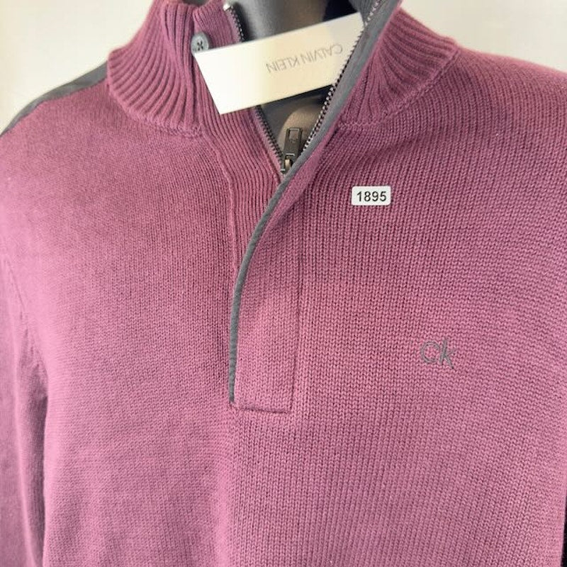 Calvin Klein Quarter-Zip Pullover Sweater Mock Neck Ribbed Burgundy Mens Size XL
