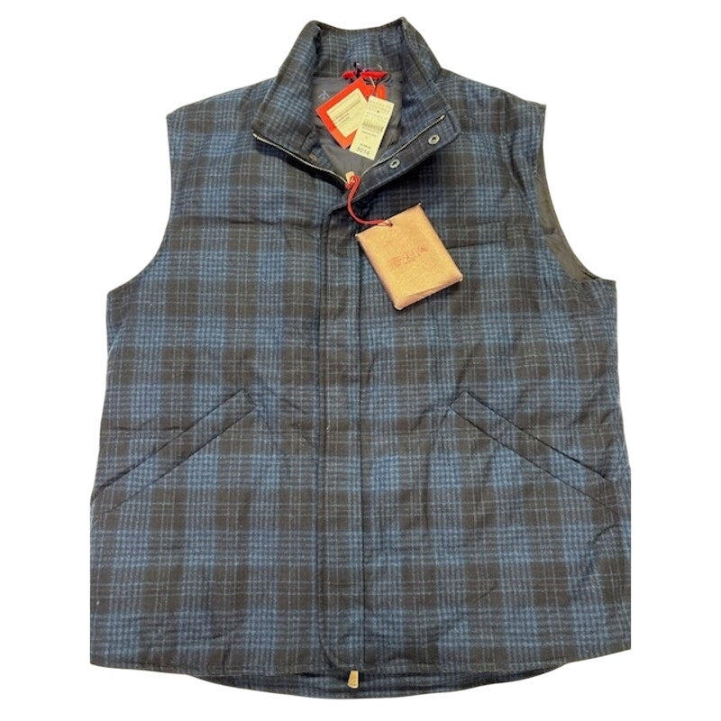 Isaia O'Pallone Quilted Plaid Down Puffer Vest Blue/Black Mens Size 54R