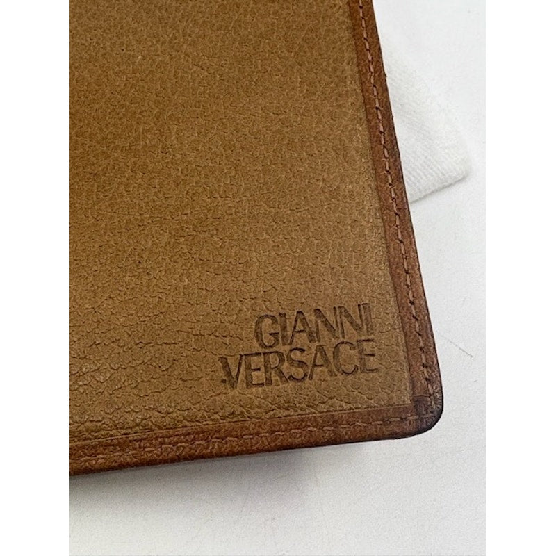 Gianni Versace Leather Card Holder Wallet Slim Bifold Embossed Logo Brown Unisex