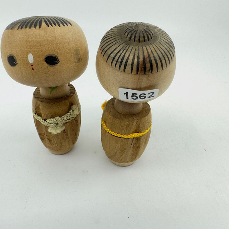 Vintage Japanese Mini Wooden Kokeshi Doll Couple Hand Painted Rope Brown