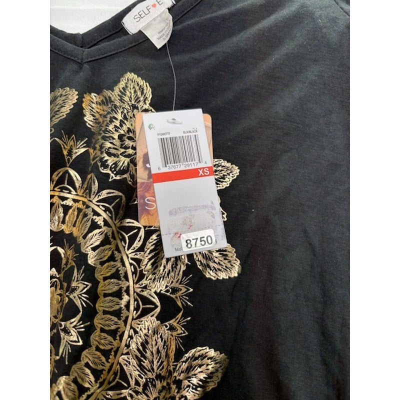 Self Esteem Cold Shoulder Top Gold Mandala Graphic V-Neck Black Womens Sz XS