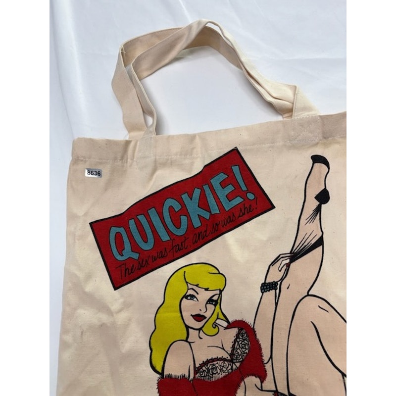 Quickie Pin Up Girl Print Canvas Tote Bag Retro Graphic Shopping Bag Cream