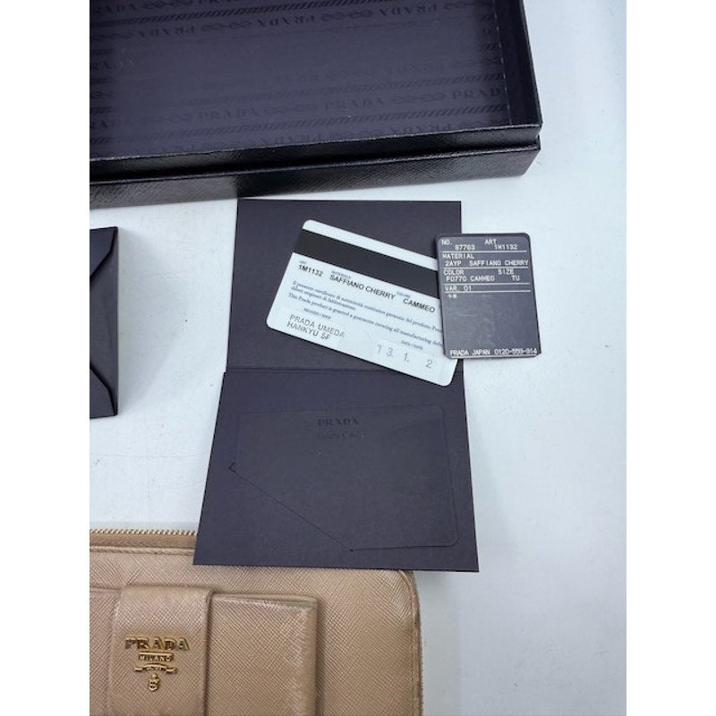 Authentic PRADA Saffiano Fiocco Bow Zip Around Wallet Leather Beige Womens COA