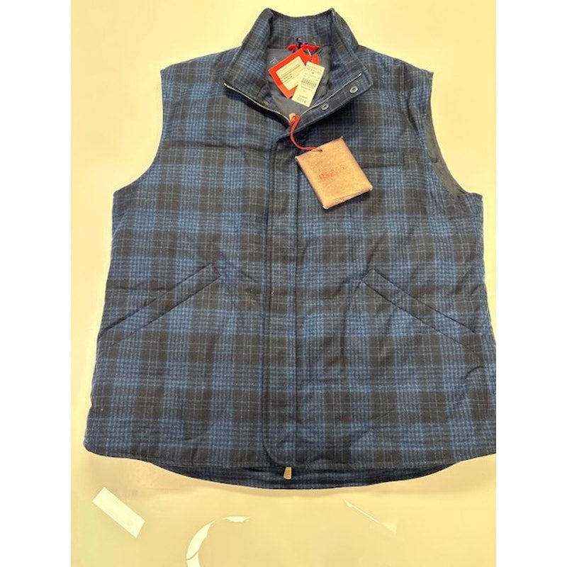Isaia O'Pallone Quilted Plaid Down Puffer Vest Blue/Black Mens Size 54R