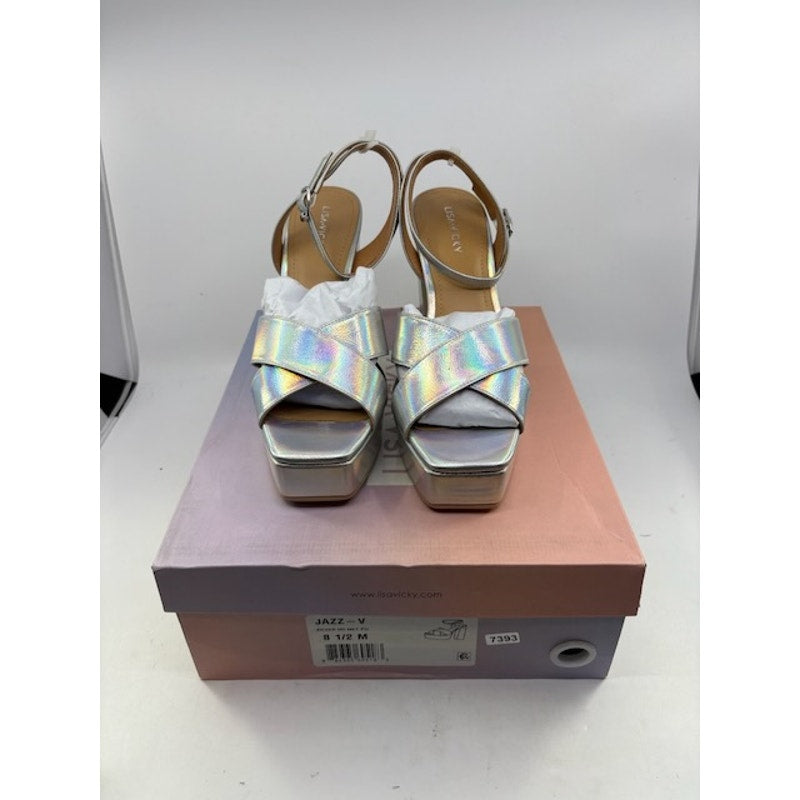 Lisa Vicky JAZZ-V Leather Platform Strappy Sandals Silver Womens Size 8.5