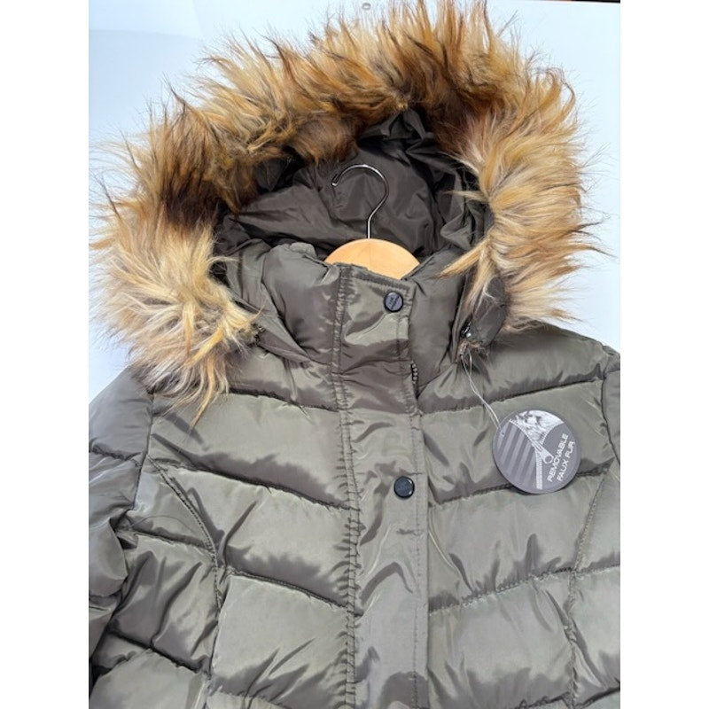 Madden Girl Hooded Faux-Fur-Trim Puffer Coat Zip-Up Olive Juniors Size XS