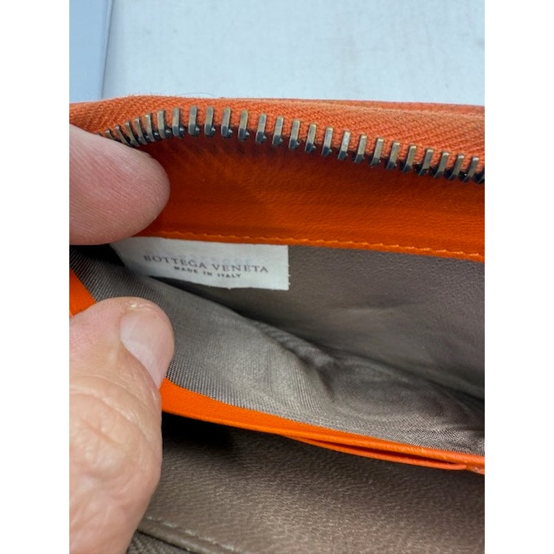 Bottega Veneta Intrecciato Zip Around Wallet Woven Leather Orange Womens