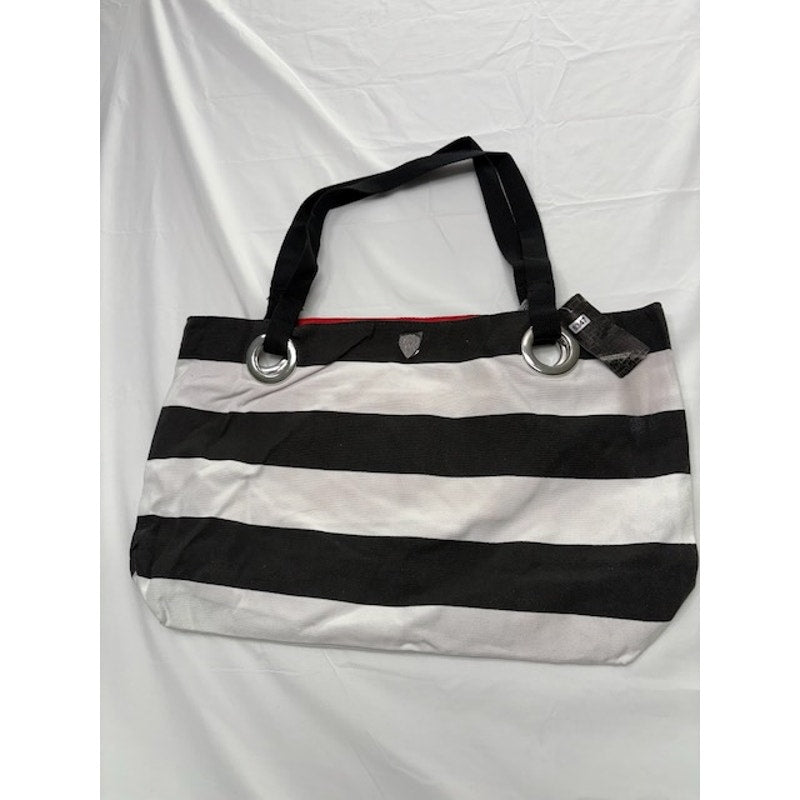 Hard Rock Canvas Tote Bag Logo Leather Zipper Shoulder Bag Striped Black White