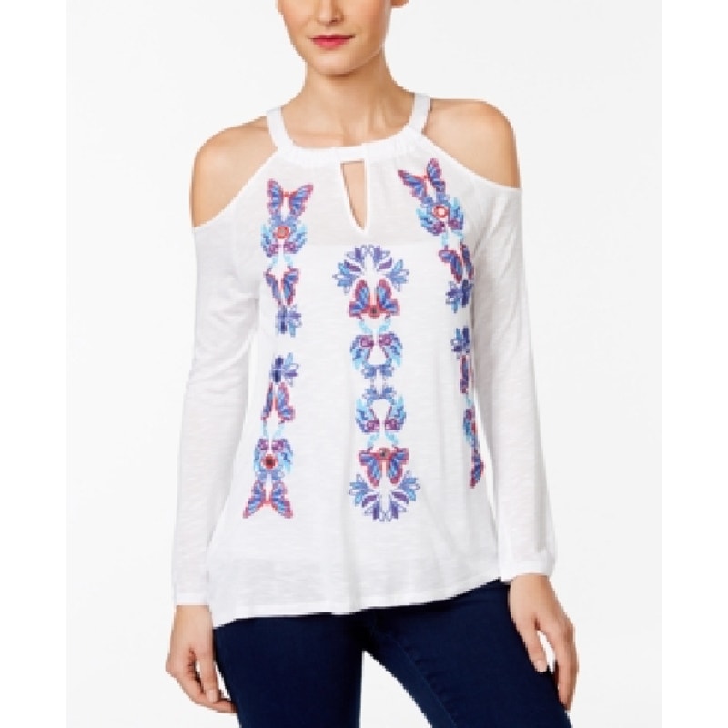Inc International Concepts Embroidered Cold-Shoulder Top White Womens Petite