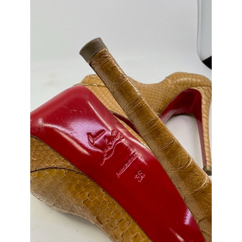 Christian Louboutin Python Pumps Platform Peep Toe Leather Tan Womens Size 36
