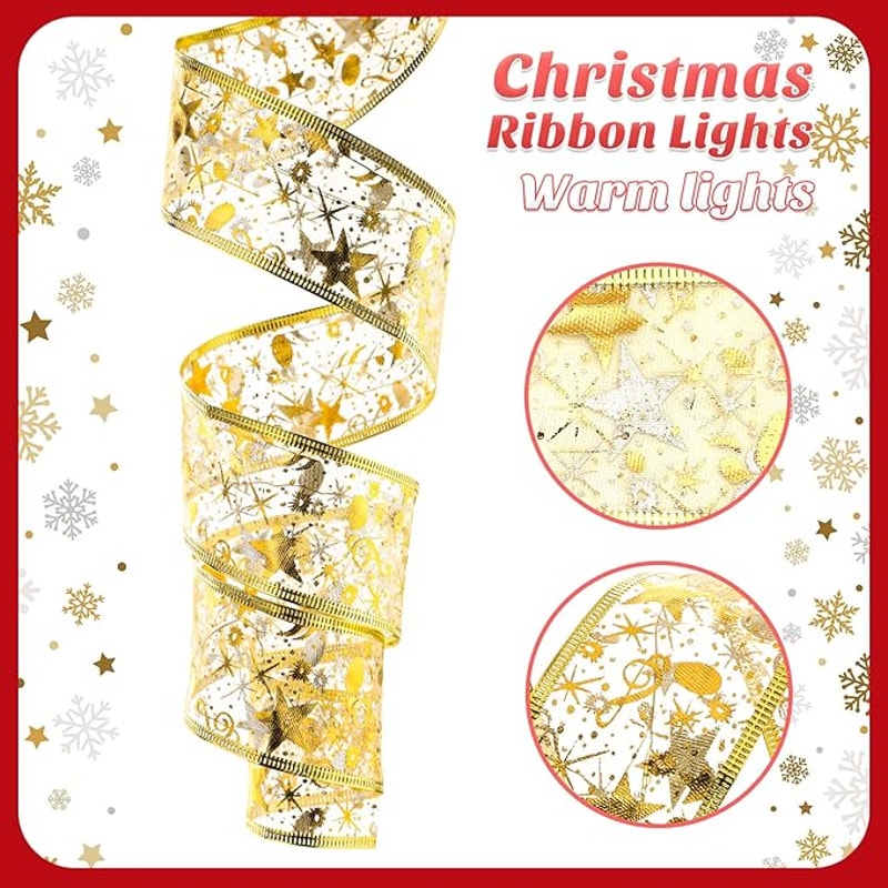 1 Pc Ribbon Fairy Lights Christmas Tree Garland Holiday Decor Gold/White