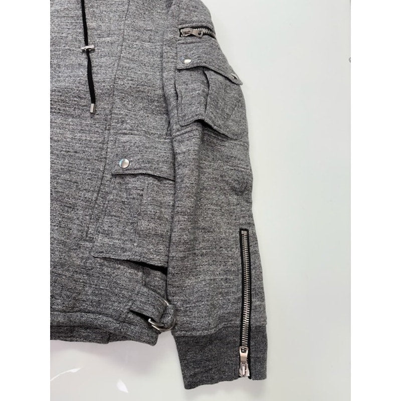 Balmain Quilted Biker Hoodie Two-Way Zip Flap Pockets Gray Mens Size XL