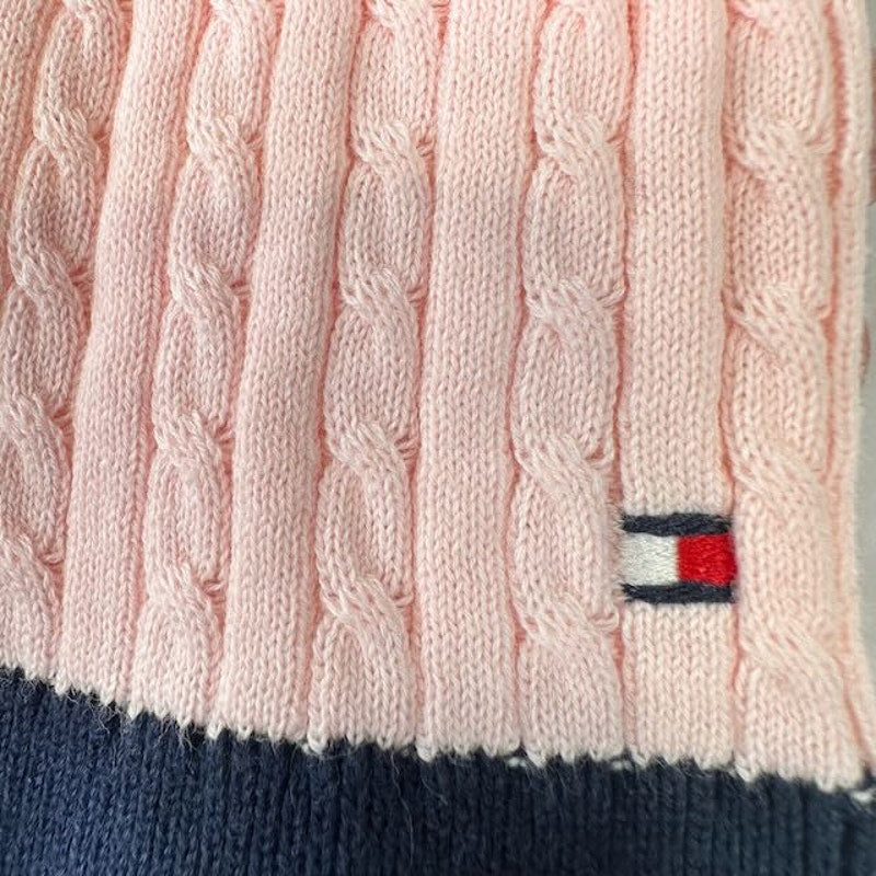 Tommy Hilfiger Cable-Knit Sweater Contrast-Trim Light Pink Black Womens Size XL