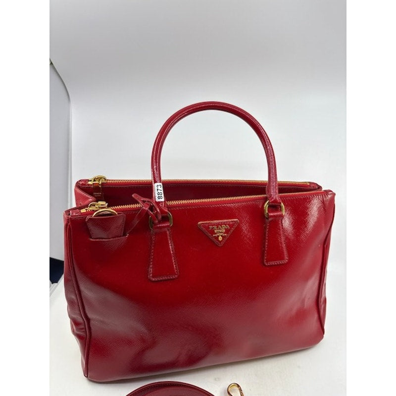 Prada Saffiano Lux Galleria Double Zip Tote Gold Tone Top Handle Burgundy