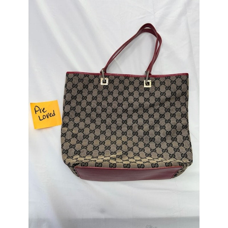 GUCCI GG Canvas Leather Open Top Vintage Tote Bag Gold-Tone Hardware Brown/Red