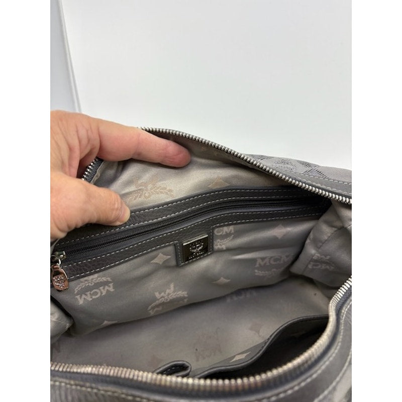 MCM Visetos Boston Bag Satchel Leather-Trimmed Hand Bag Chain Handle Grey Womens