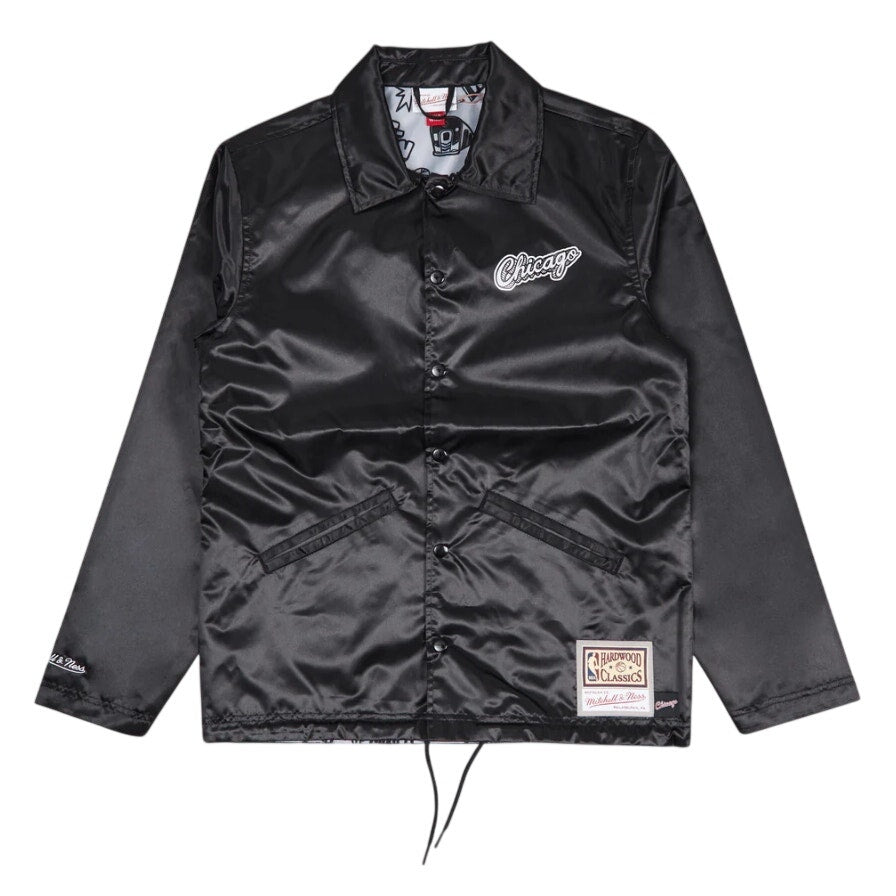 Mitchell & Ness Chicago Bulls Doodle Coaches Jacket Snap Satin Black Size Large
