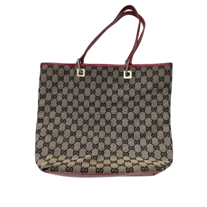 GUCCI GG Canvas Leather Open Top Vintage Tote Bag Gold-Tone Hardware Brown/Red