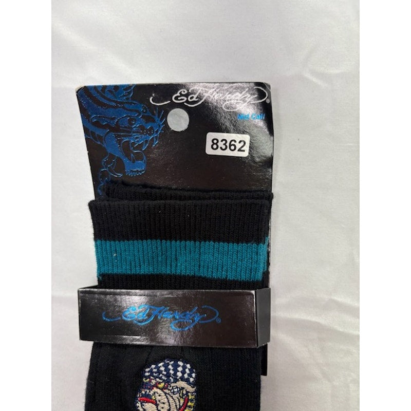 Ed Hardy Crew Socks Skull Tattoo Cotton Blend Black Teal Adult Size 10–13