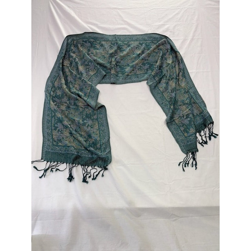 Thailand Silk Floral Fringe Scarf Wrap Lightweight Shawl Turquoise One Size