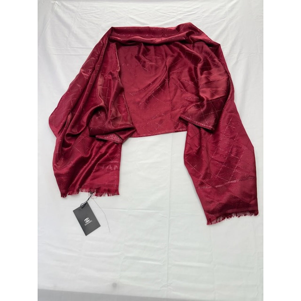 Chanel Scarf Metallic Check Wool Acrylic Blend Wrap Shawl Burgundy Red OS