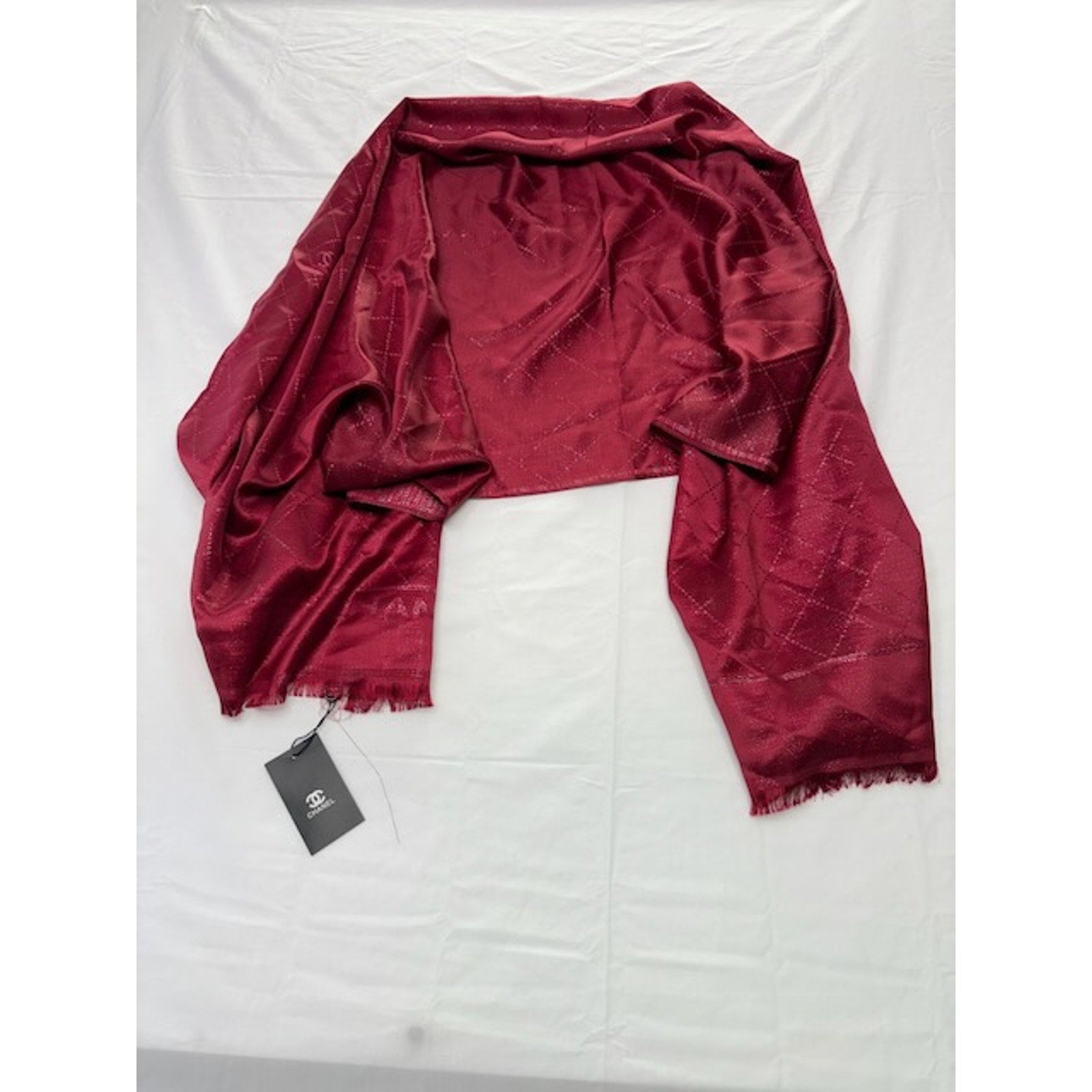 Chanel Scarf Metallic Check Wool Acrylic Blend Wrap Shawl Burgundy Red OS
