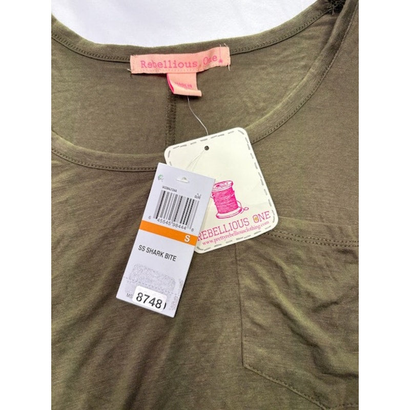 Rebellious. One SS Shark Bite Hem Tunic Blouse Scoop Neck Olive Green Size S