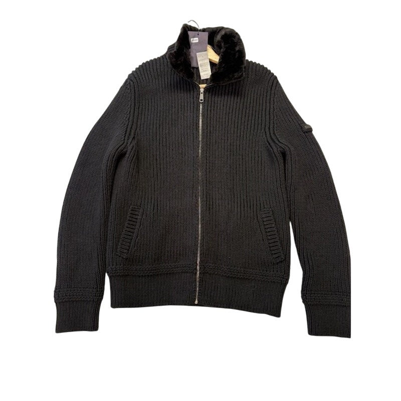 Prada Faux-Fur Collar Cardigan Knit Sweater Full-Zip Black Mens Size 56 EU