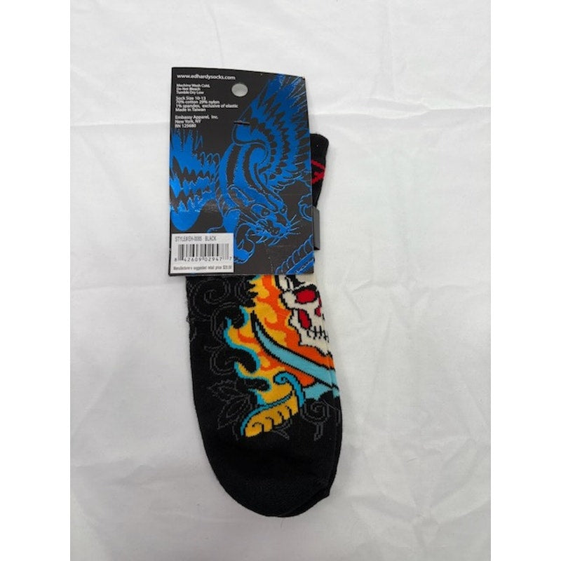 Ed Hardy Sport Socks Skull Flame Tattoo Cotton Blend Black Adult Size 10–13