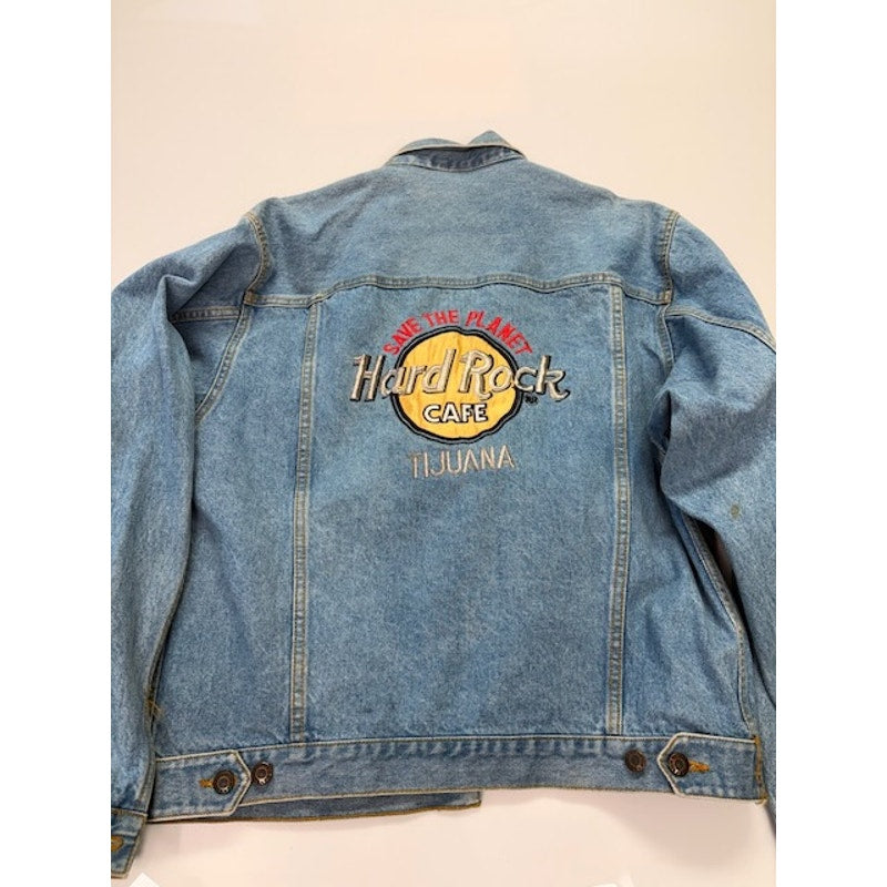 Vintage Hard Rock Cafe Tijuana Denim Jacket Embroidered Logo Blue Mens Size 42
