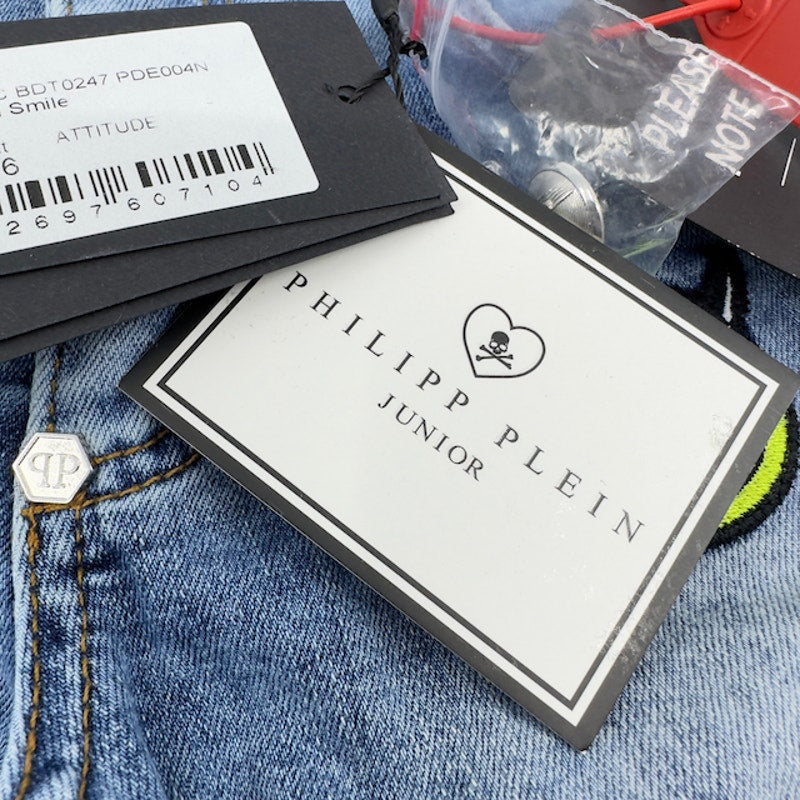 Philipp Plein Evil Smile Bermuda Shorts Denim Light Wash Blue Juniors Size 16